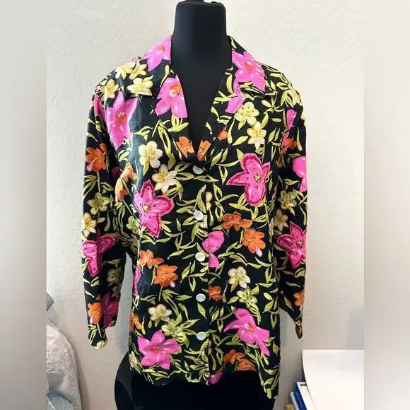 LAURA ASHLEY | Woman Silk Floral Embroidered Blouse Black Pink Boho | Size 2X - Picture 2 of 8